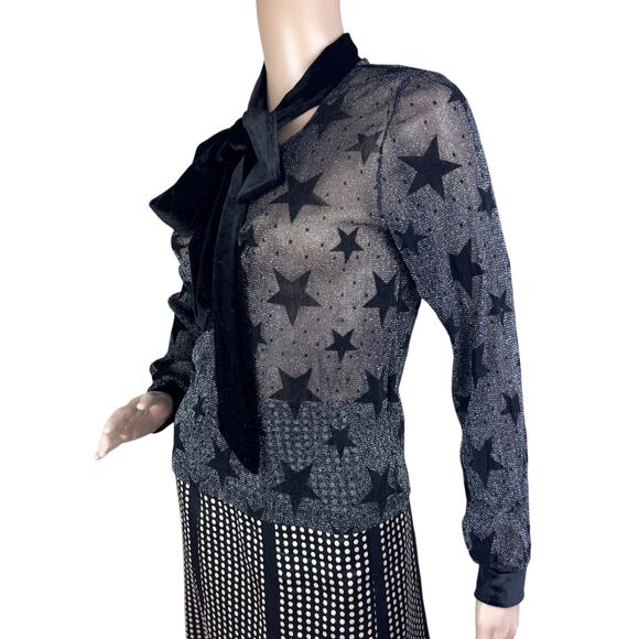 New Haoduoyi Black Stars Tie Front Shimmery Silver Long Sleeves Blouse Size S - Picture 4 of 9